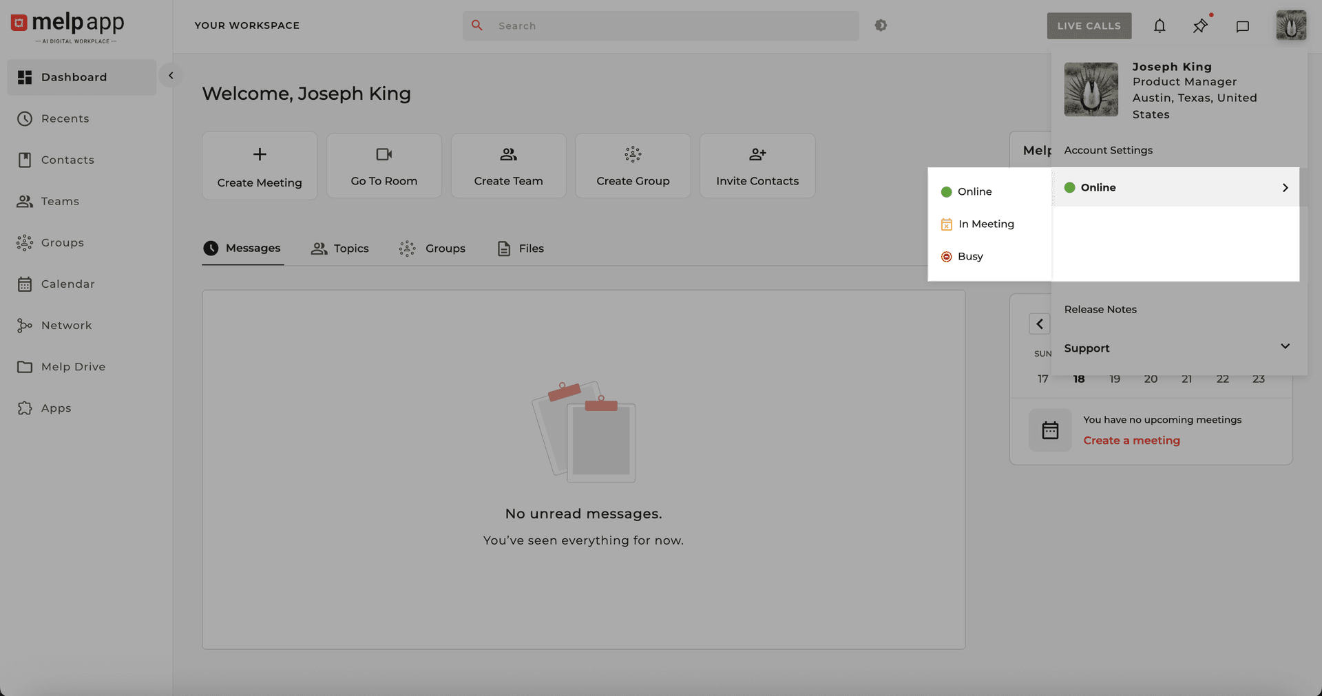 User status menu