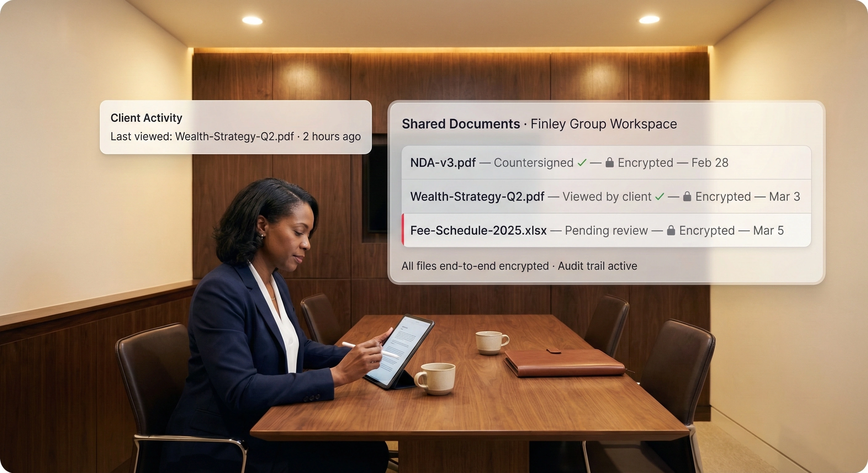 Financial services team managing secure client collaboration
