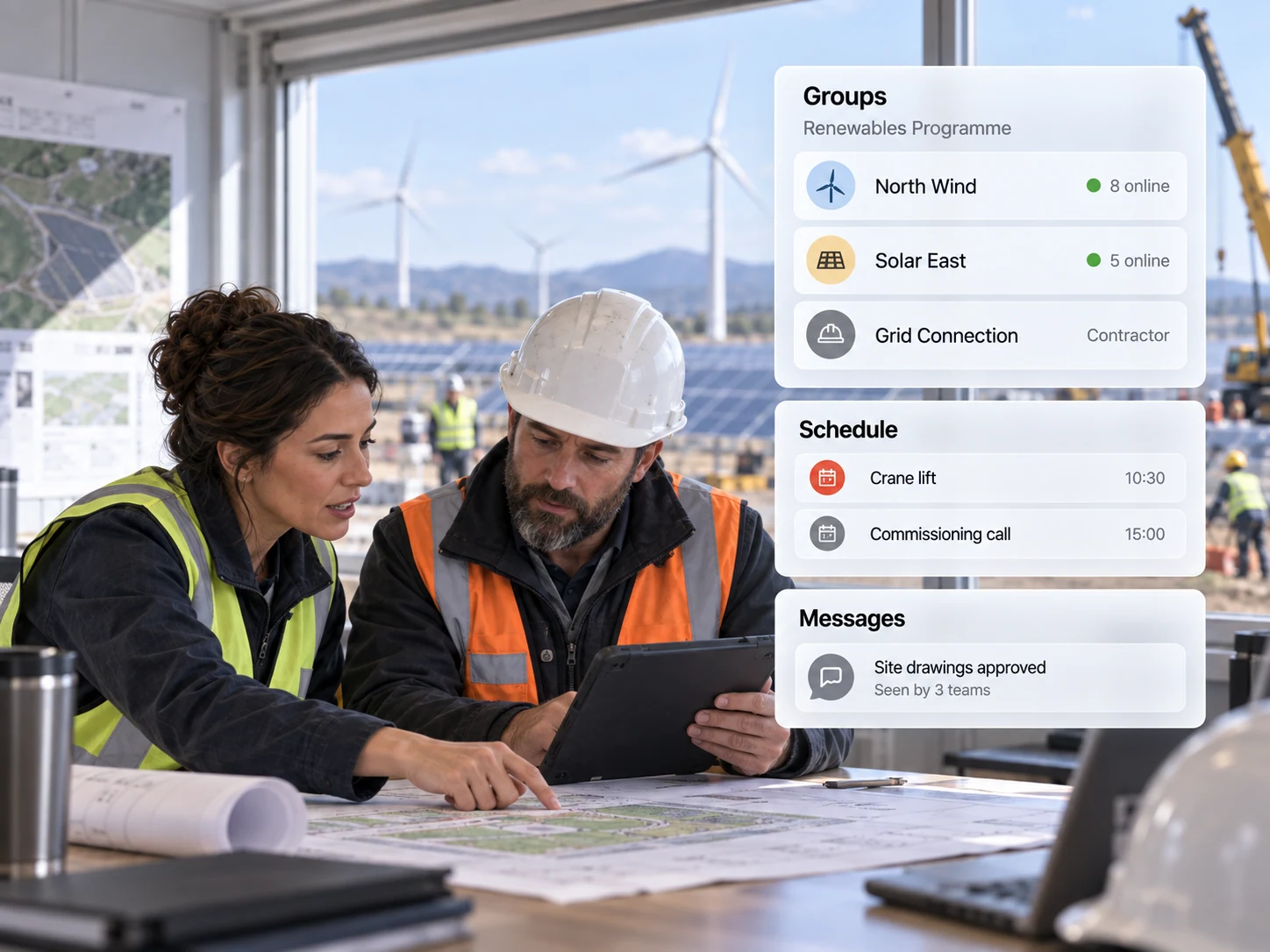 Renewable energy technicians working on site