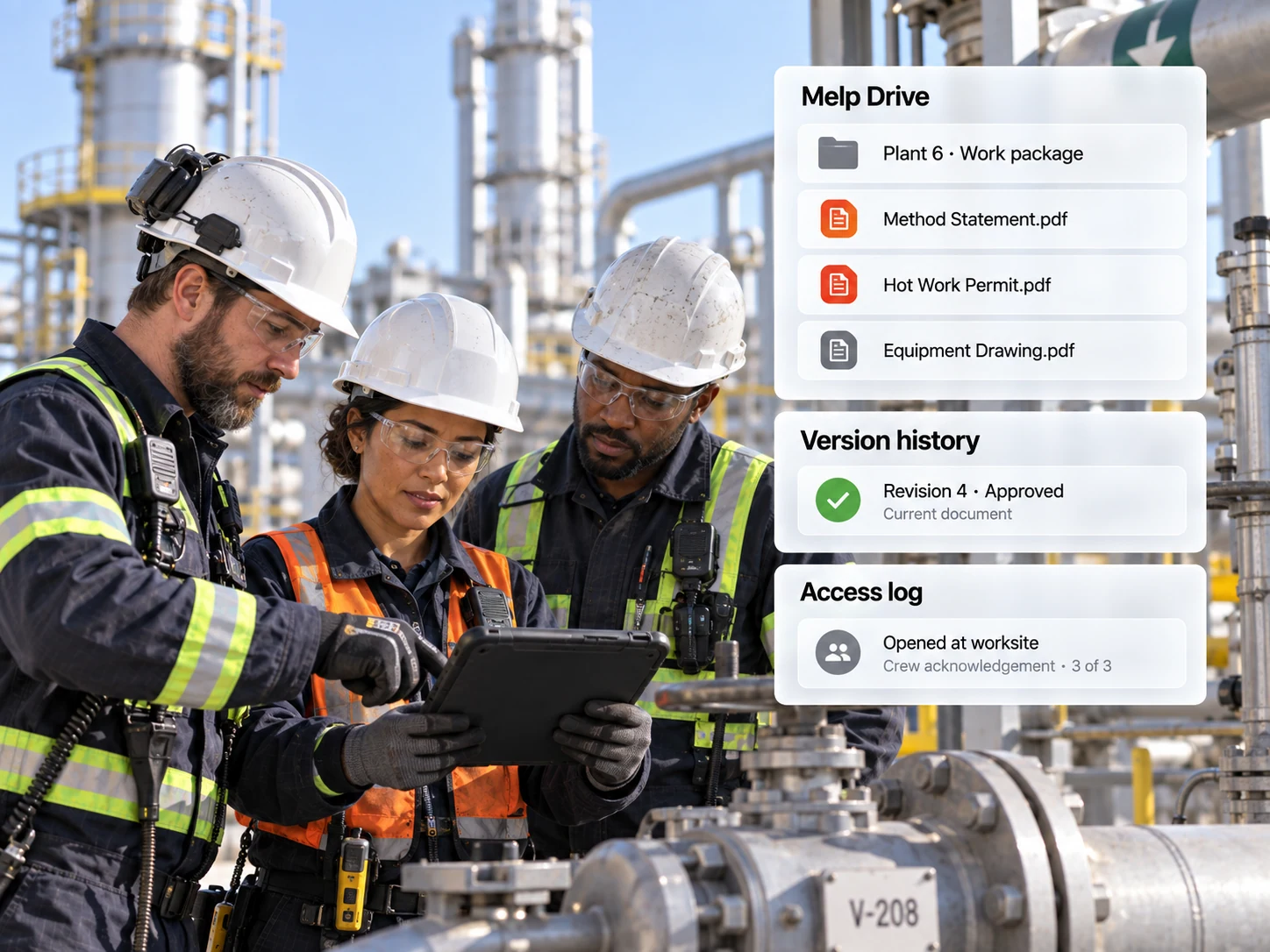 Energy services crew reviewing procedures before starting work