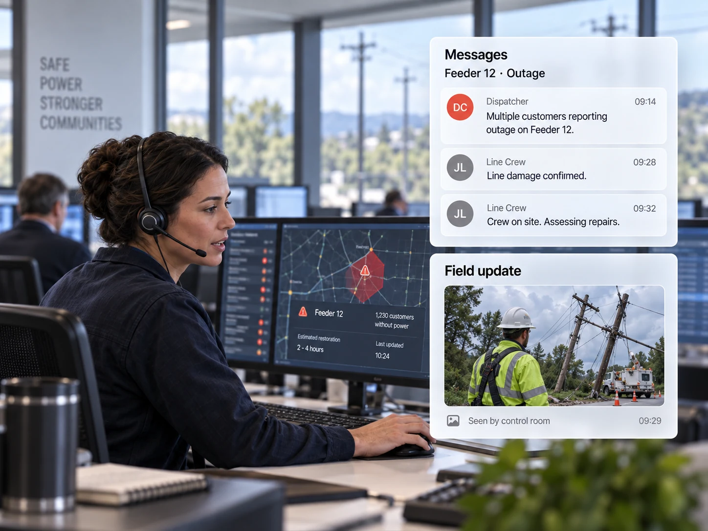 Utility control room operators coordinating with field crews