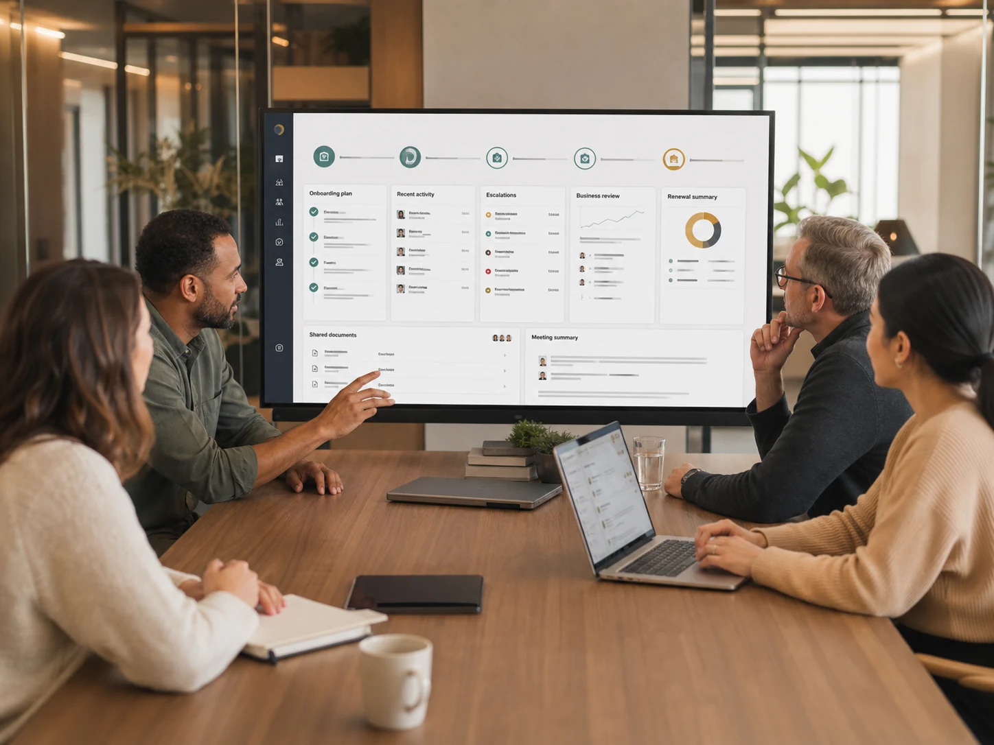 A Melp customer workspace showing onboarding, escalation and review topics alongside shared documents