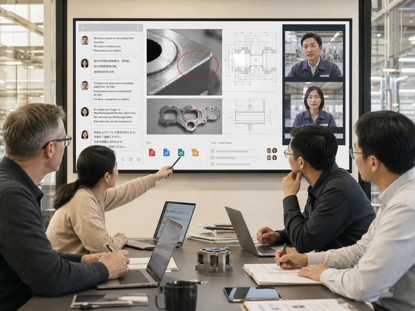 A supplier workspace in Melp showing multilingual conversation, attached photo evidence and specification files