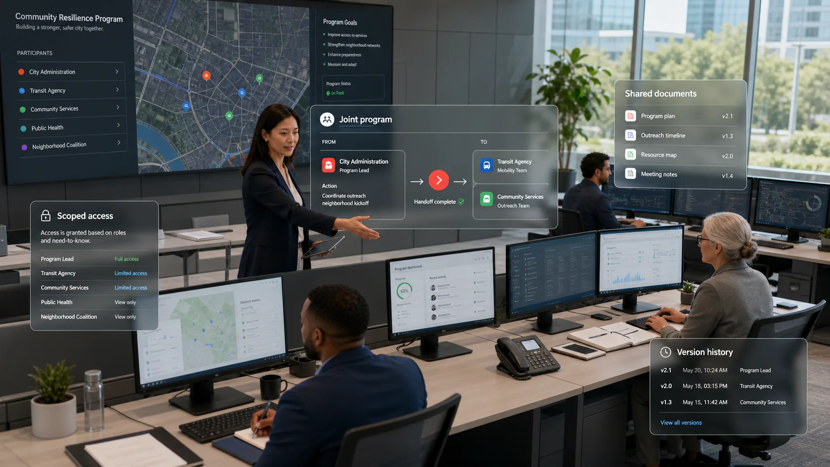 Government departments collaborating in a controlled shared workspace
