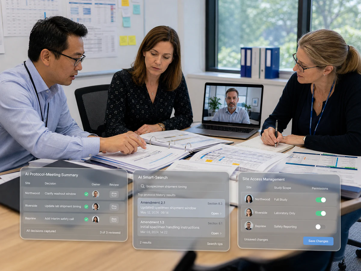 Clinical research team coordinating a multi-site trial