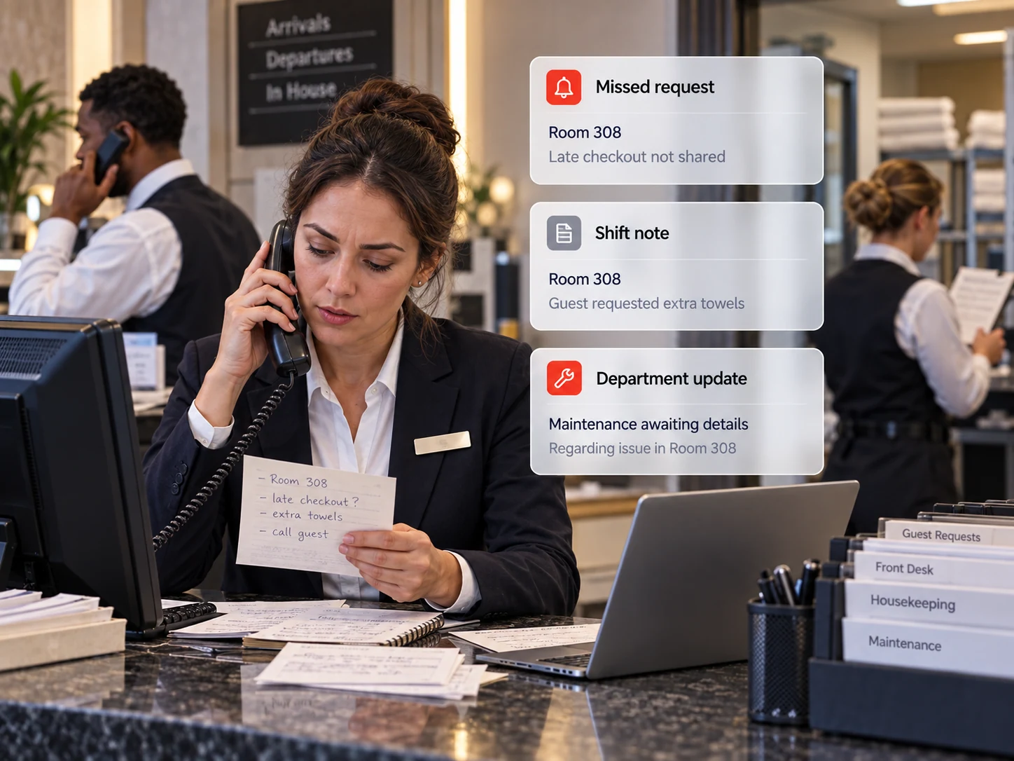 Hospitality teams managing disconnected shift updates and guest requests