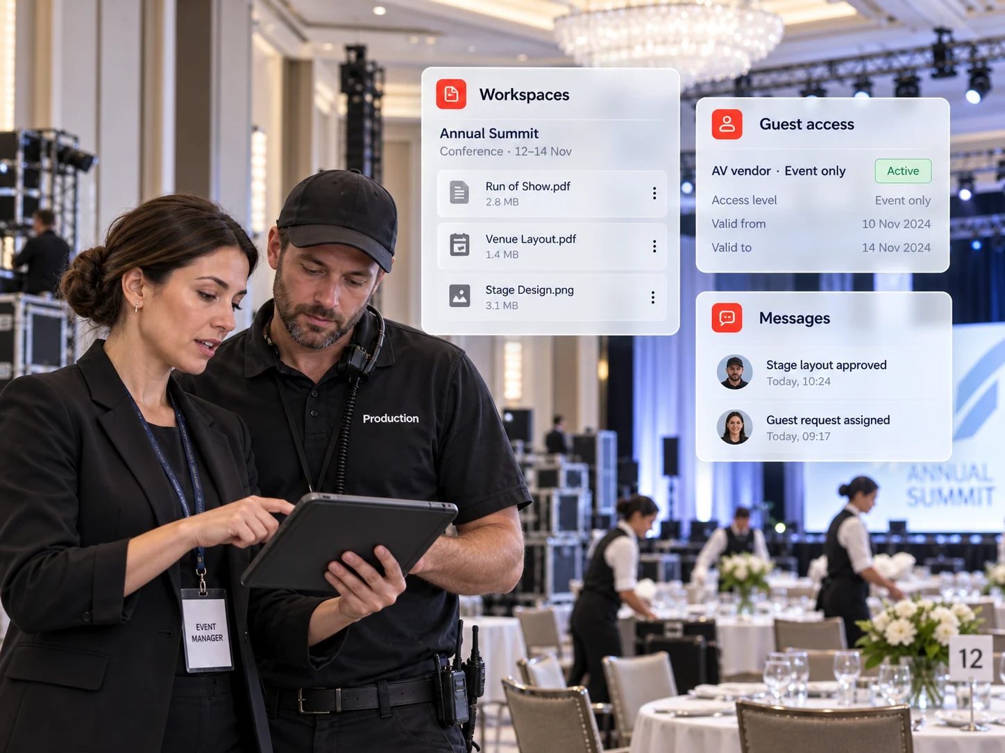 Hospitality staff coordinating a guest request and property event