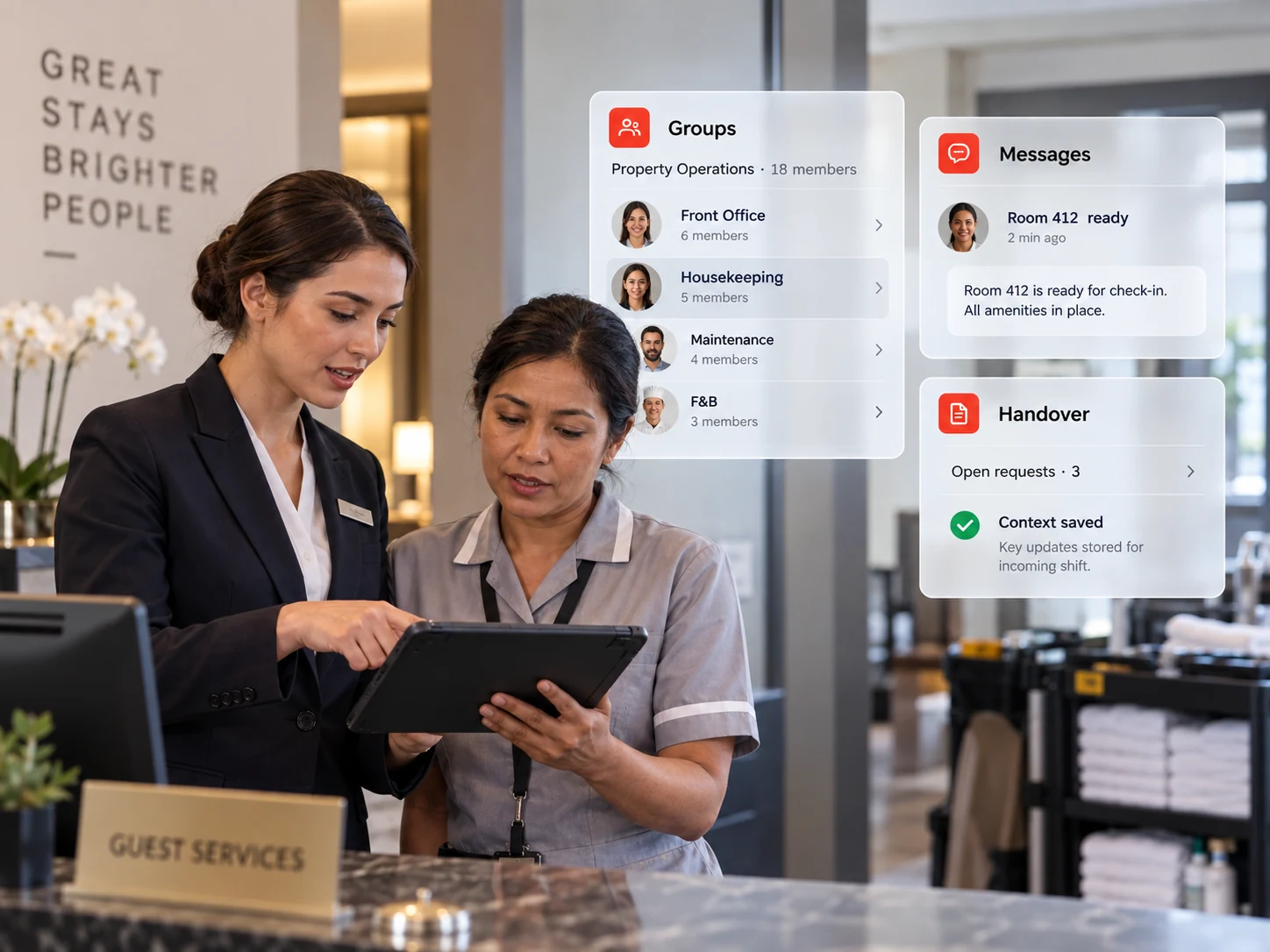 Hotel departments sharing operational context across a shift change