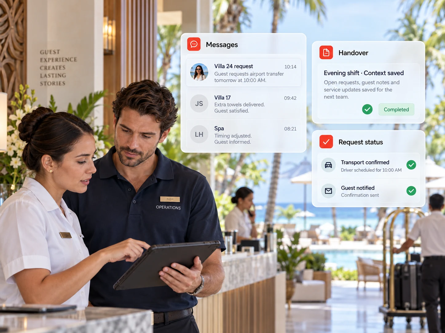 Resort staff reviewing guest service updates together