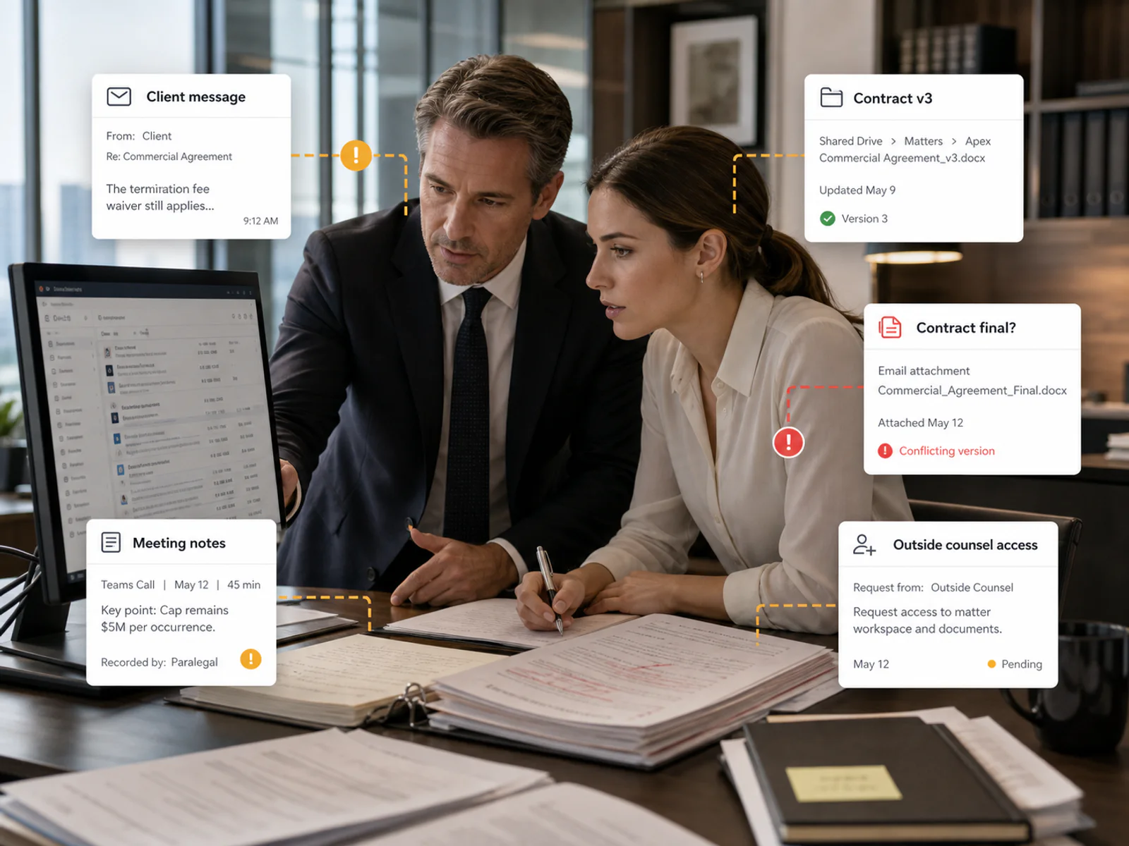 Legal team managing scattered case files, messages, and meeting records