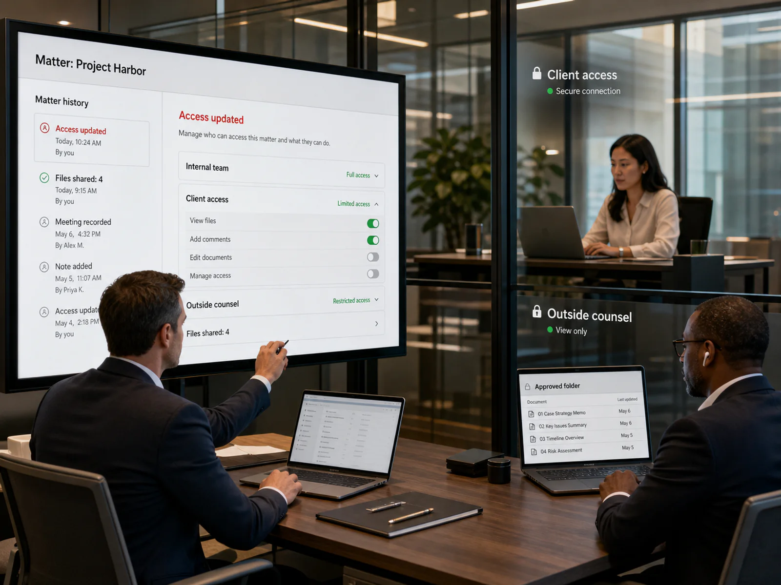 Attorney and client working in a controlled matter workspace