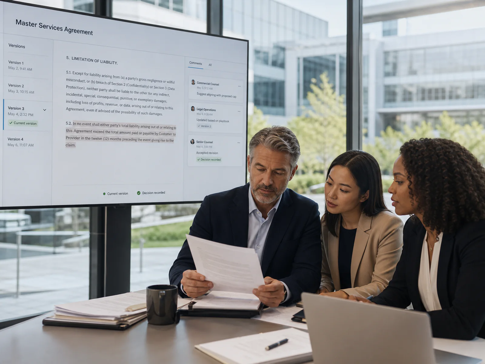 Corporate legal department reviewing contracts together