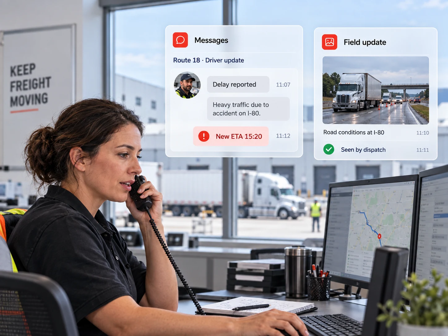 Freight dispatch team coordinating routes with drivers