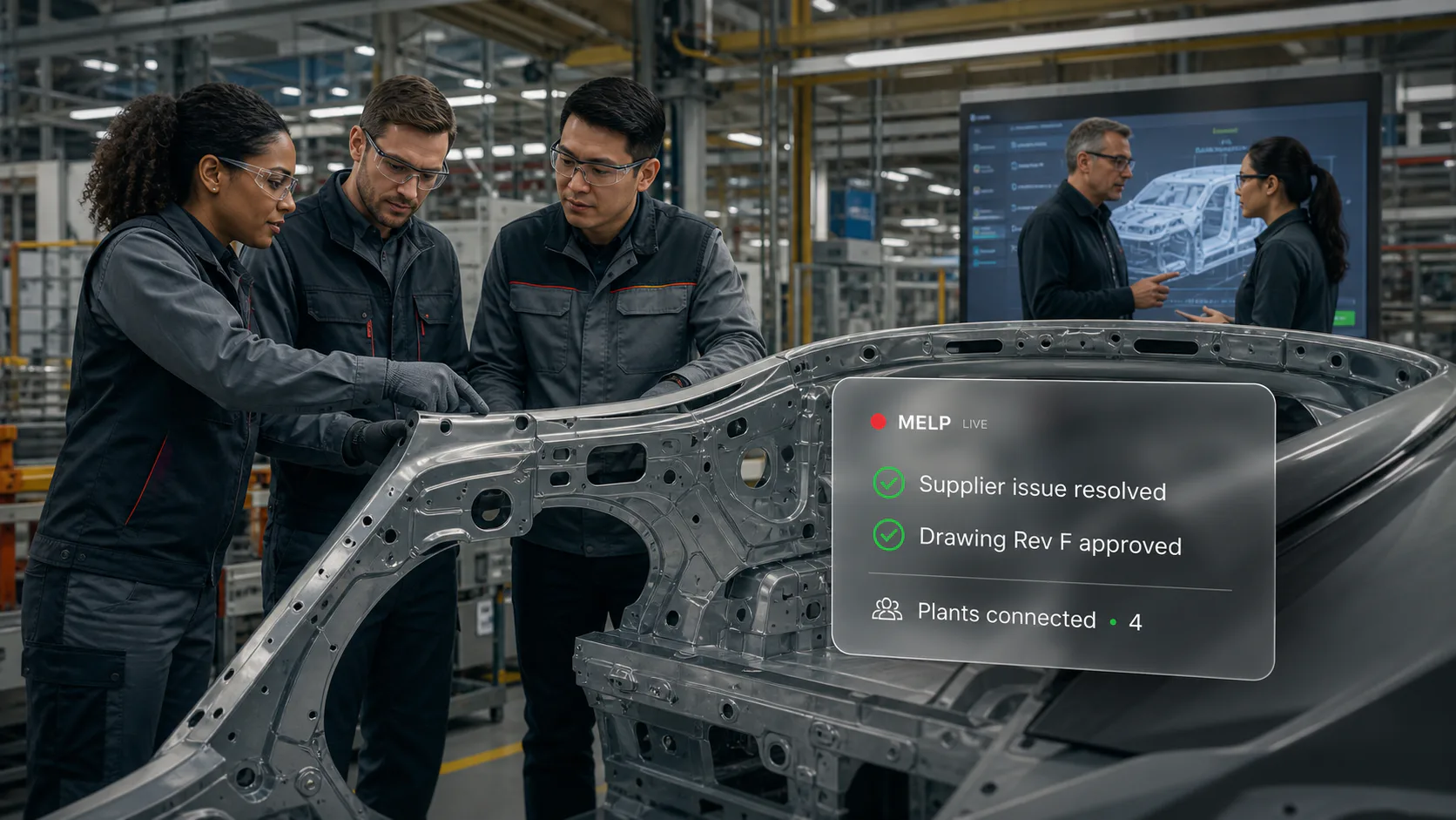 Automotive manufacturing team coordinating with global suppliers