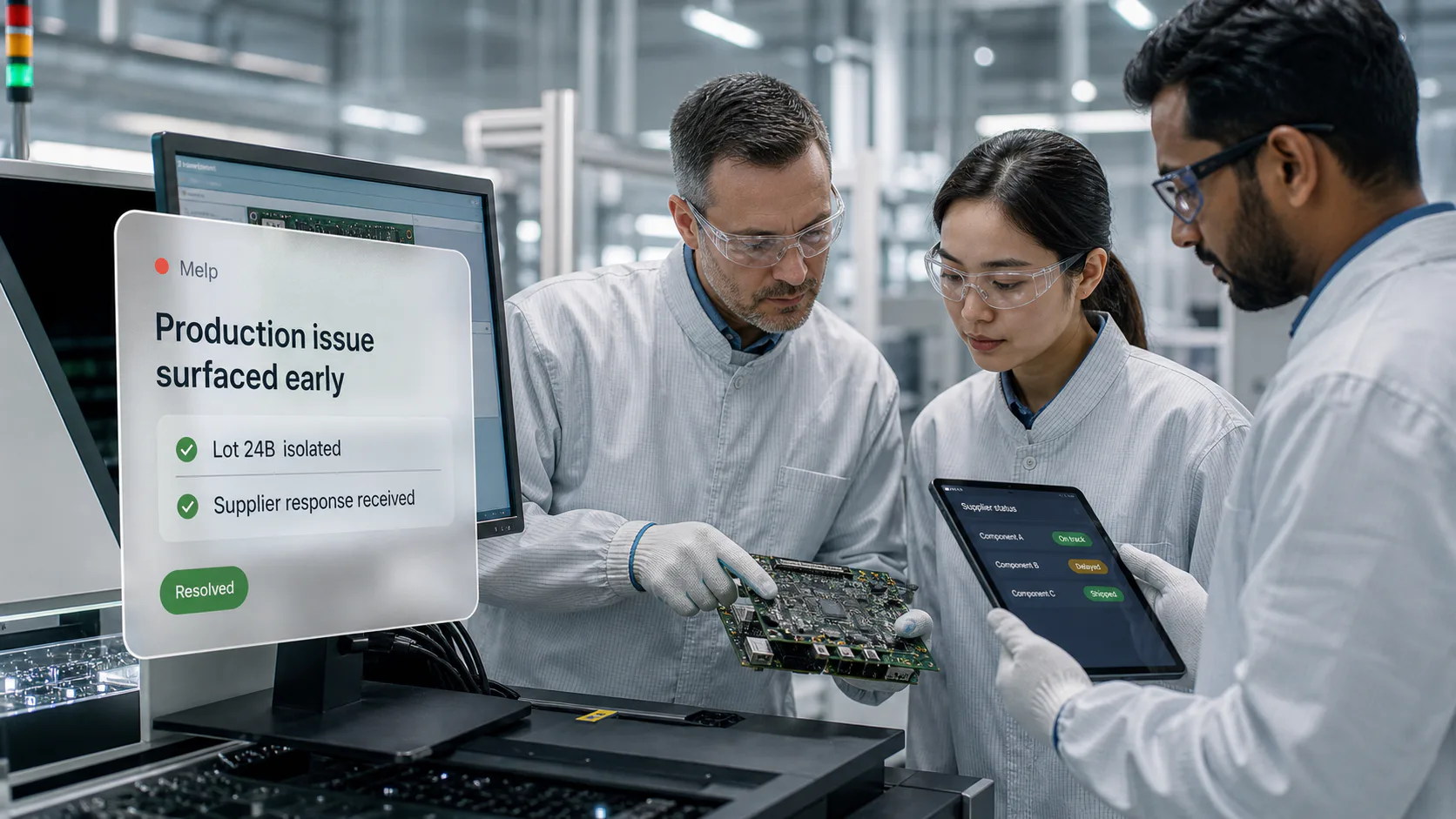Electronics supply chain team reviewing production status