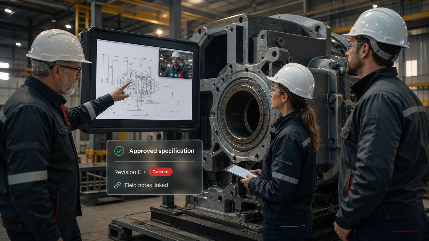 Industrial equipment engineers reviewing technical drawings