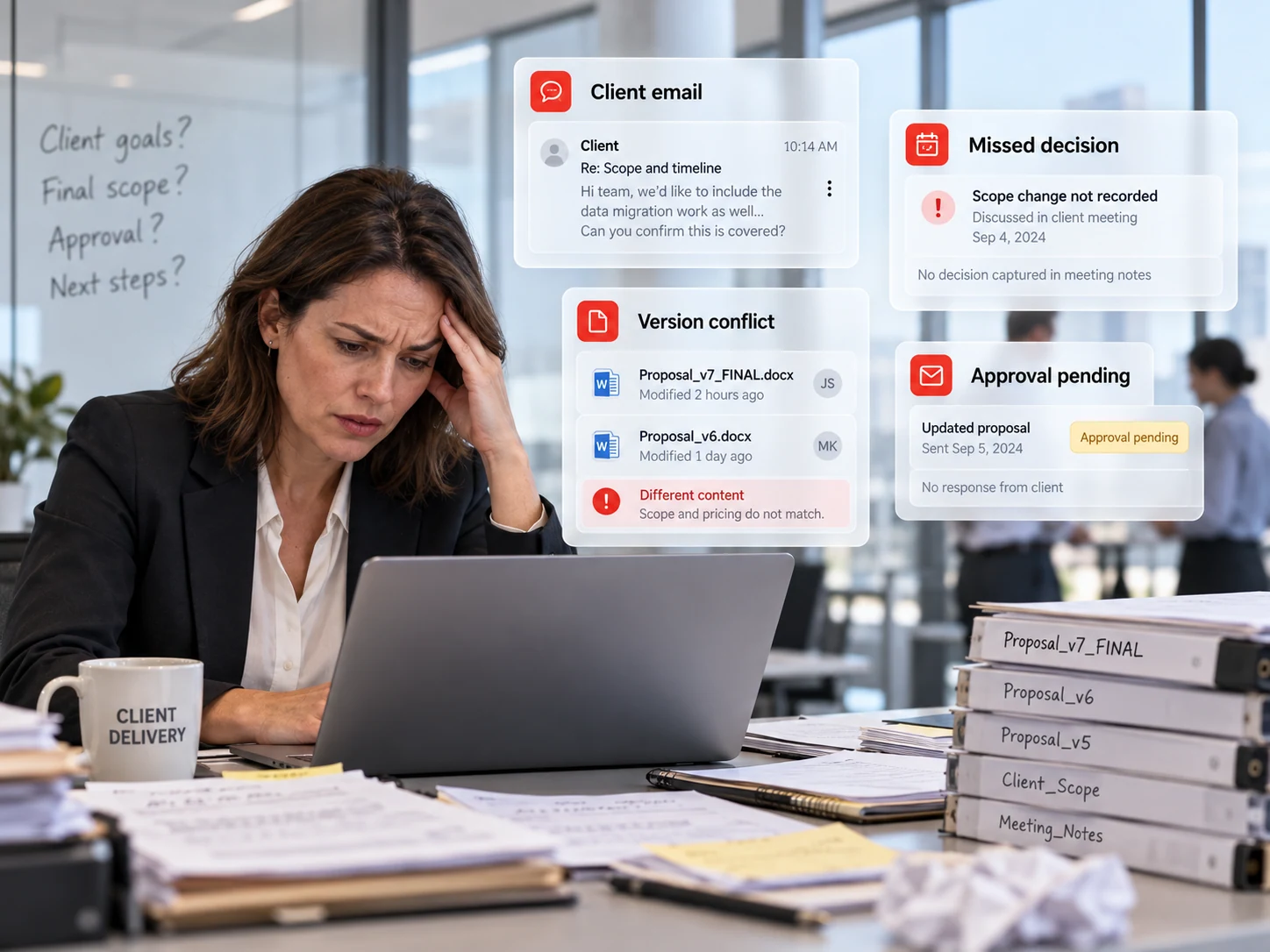Consulting team managing scattered client meetings, files, and decisions