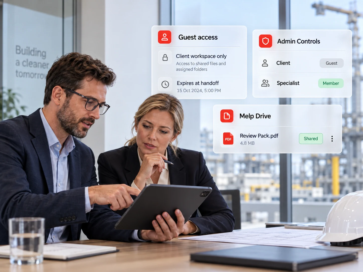 Consultant and client collaborating in a controlled shared workspace