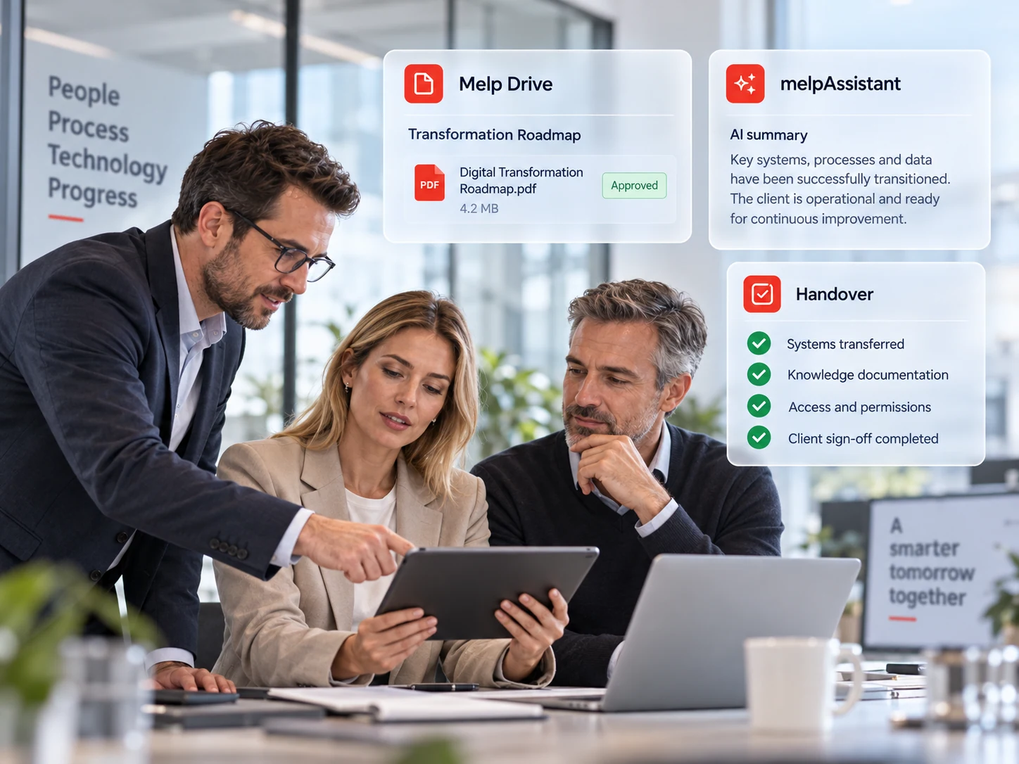 IT services team reviewing a client delivery plan