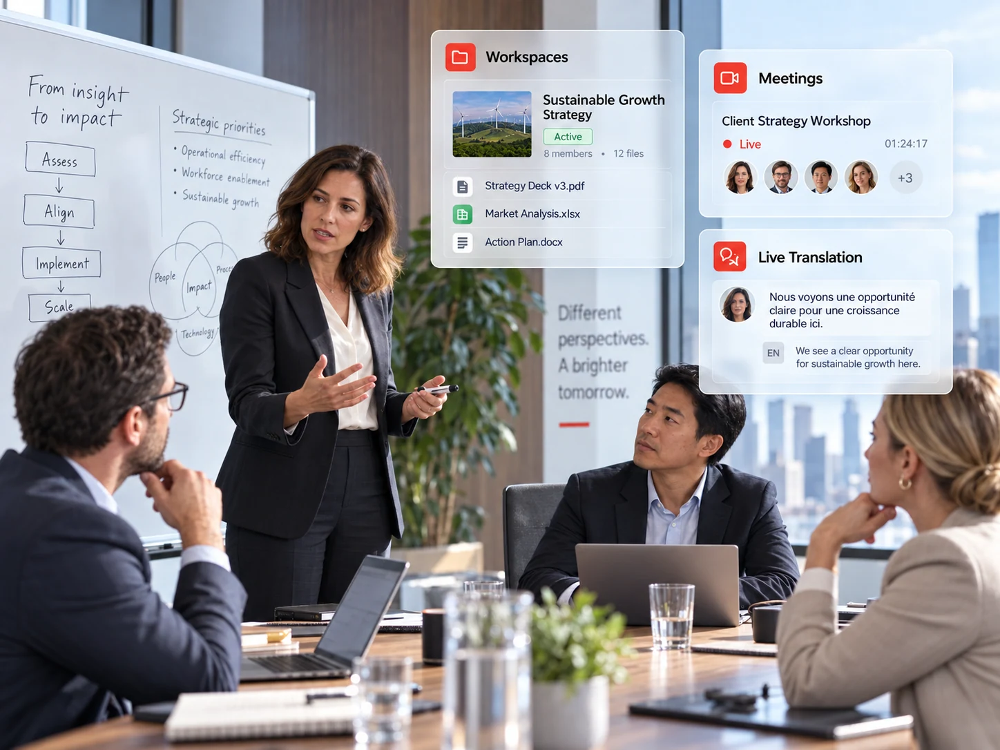 Management consultants collaborating with a global client team