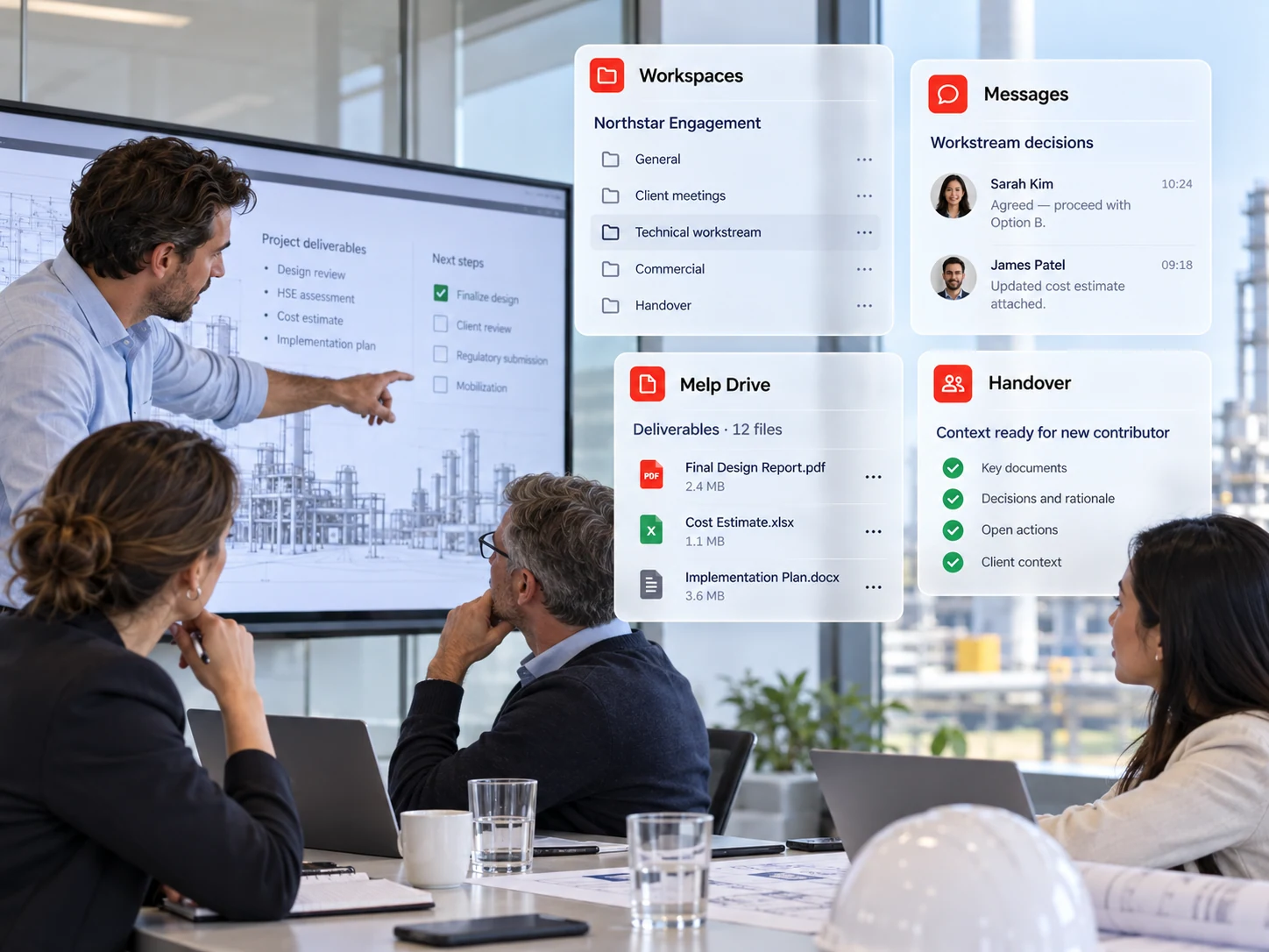 Consultants working together in a dedicated client engagement workspace